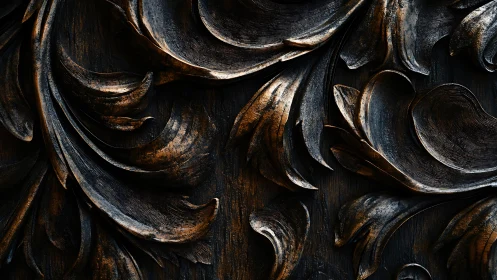 Close-up of dark carved wooden floral ornamental relief.