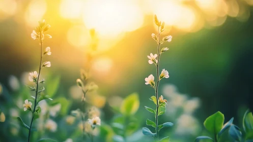 Wildflower stems against soft out-of-focus sunlight background.