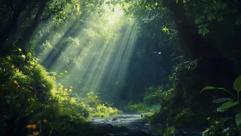 Forest Stream with Crepuscular Light Rays and Verdant Canopy.