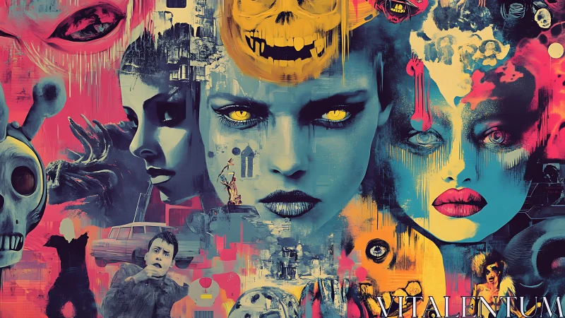 Neon nightmare collage of haunted faces and electric fear.