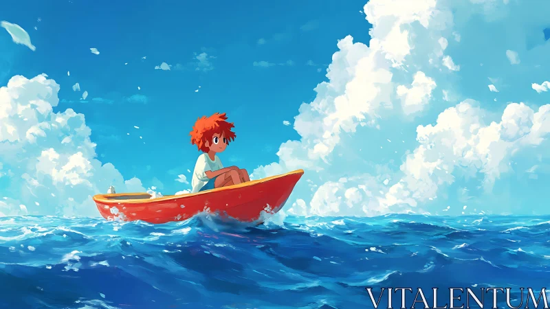 Child in small red boat on open sea under clouded sky.