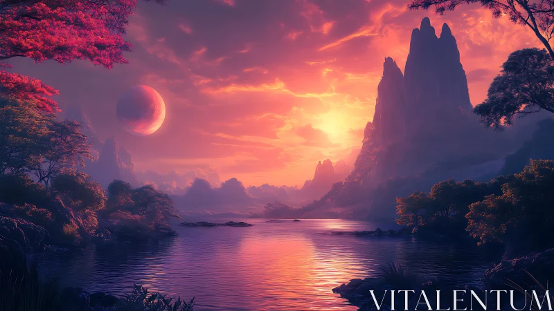 Twin skies burn as alien twilight crowns silent water