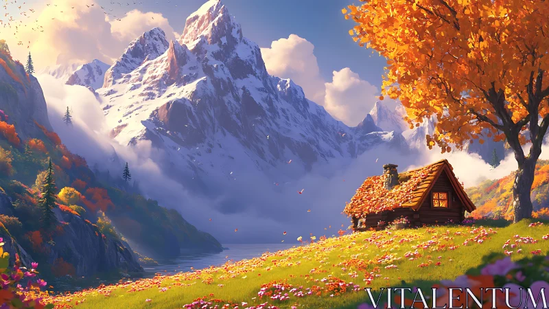 Autumn cabin glows beneath towering snowcapped mountains.