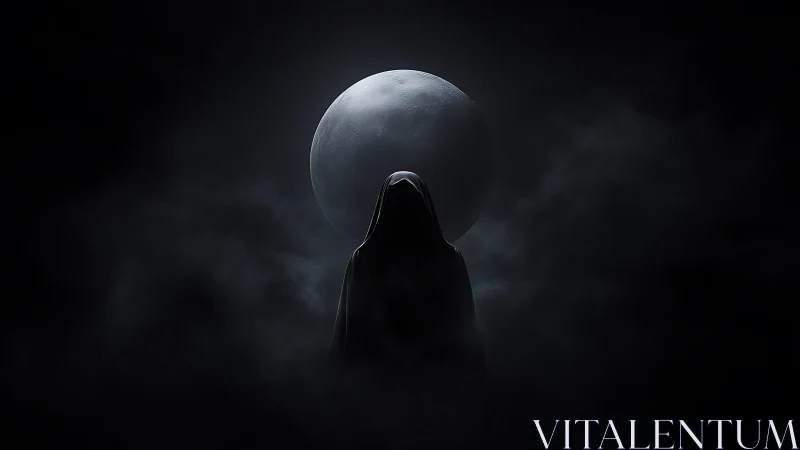Hooded dark figure standing before full moon in foggy night.