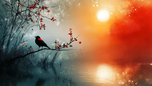 Backlit songbird silhouette over misty bicolor lakeside dawn