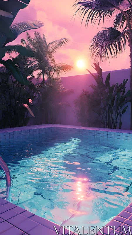 Neon dusk poolscape under tropical palms at sunset.