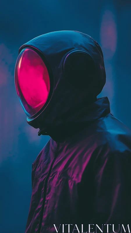 Lone astronaut silhouette in vivid magenta helmet glow.