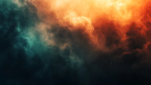 Starlit nebula clouds glowing in teal, amber, and shadow.