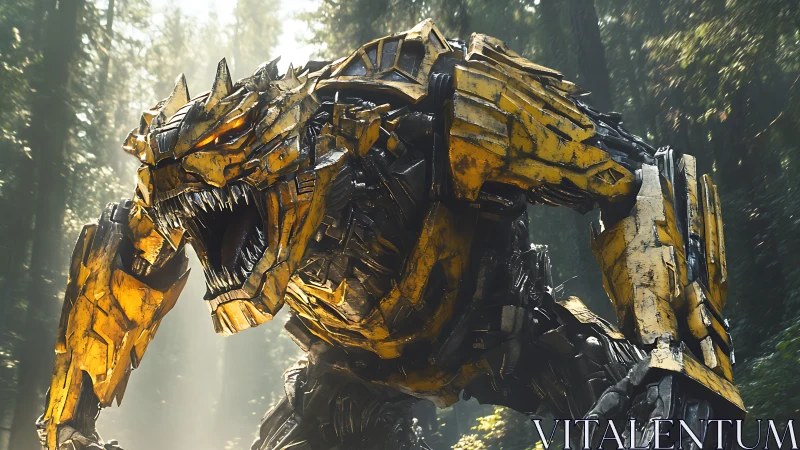 Metallic beast robot roaring in dense sunlit forest.