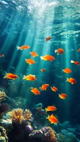 Sunlit reef ballet with ember-bright orange fish drifting.