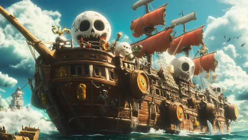 Skull-emblazoned pirate warship under bright coastal sky.