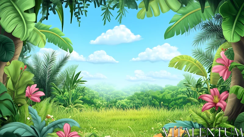 Lush tropical clearing opens under bright blue summer sky.