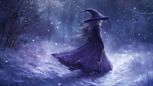 Solitary witch strides through a moonlit spectral snowstorm