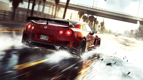 High-speed red Nissan GT-R on wet urban highway at sunrise
