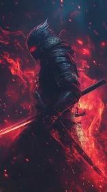 Armored swordsman stands in profile within dense red flames
