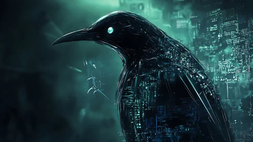 Cybernetic raven construct with luminous teal circuitry profile.