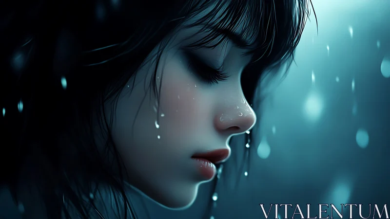 Melancholic profile portrait of girl under cool rainlight
