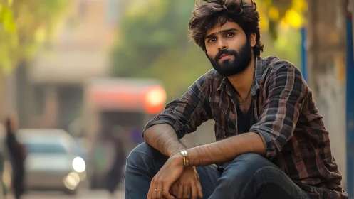 Urban portrait of bearded man in soft golden street light.