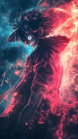 Dynamic anime hero engulfed in dual elemental energy arcs.