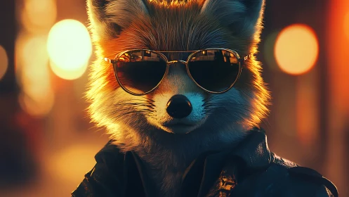 Anthropomorphic fox portrait uses neon bokeh and cinematic rim light