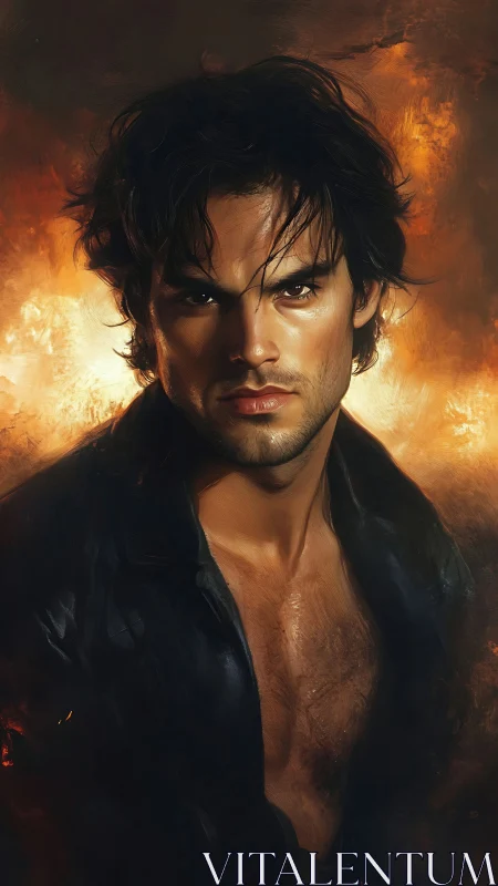 Male portrait before abstract fiery background in profile.