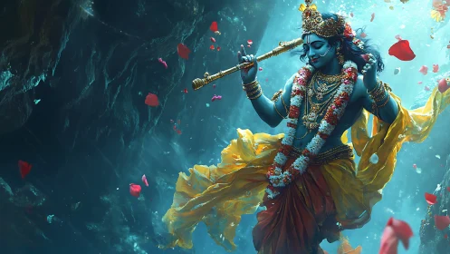 Divine blue deity plays golden flute amid swirling petals