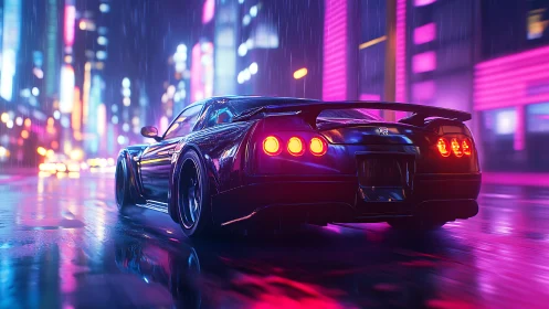 Neon-lit sports car powers through a rainy cyberpunk avenue.