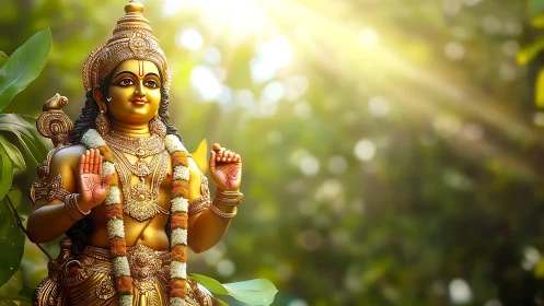 Golden deity statue stands in sunlight against green bokeh background