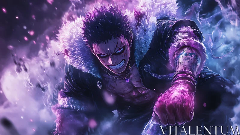 Intense anime fighter lunges forward in purple energy.