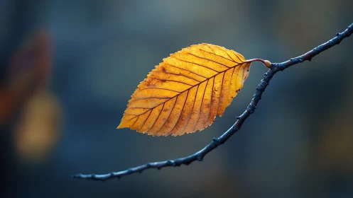 Single golden autumn leaf on branch, macro nature photography.