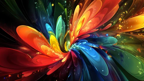 Vibrant digital flower burst in swirling rainbow colors.