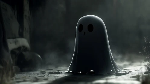 Lonely cartoon ghost stands in misty, dim alleyway at night.