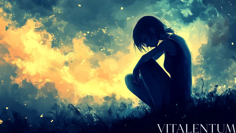 Silhouetted girl in contemplative pose amid luminous sky gradients