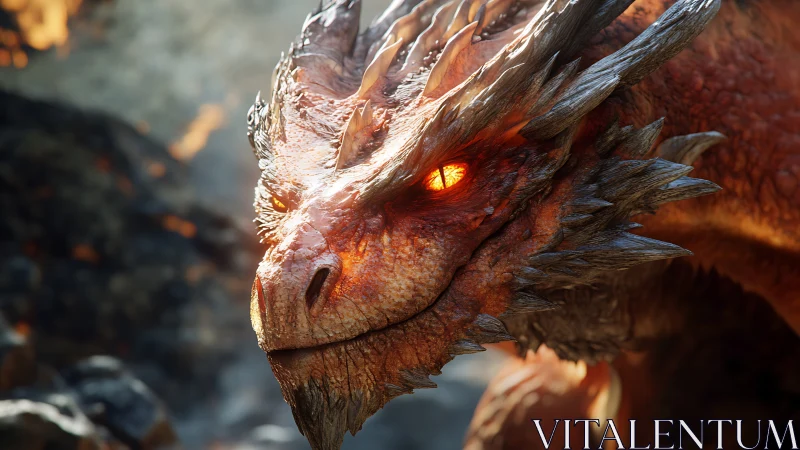 Fiery red dragon head glows against blurred volcanic haze