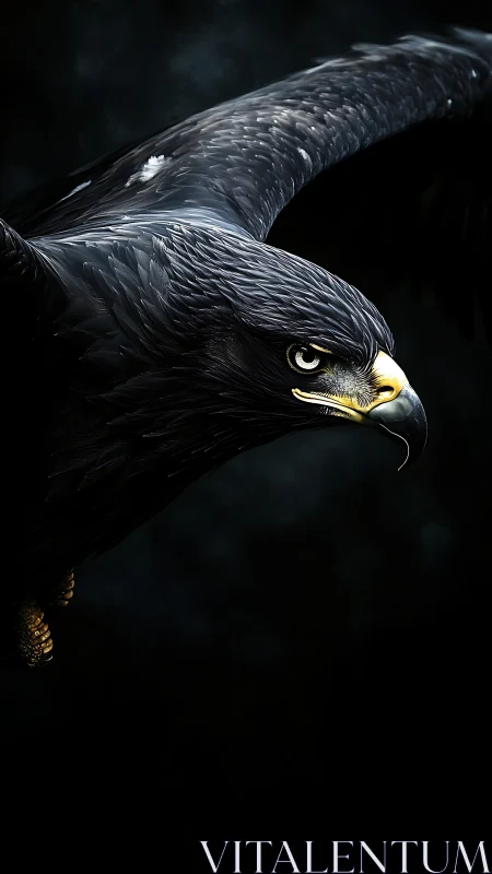 Dark eagle in flight with intense focused expression.
