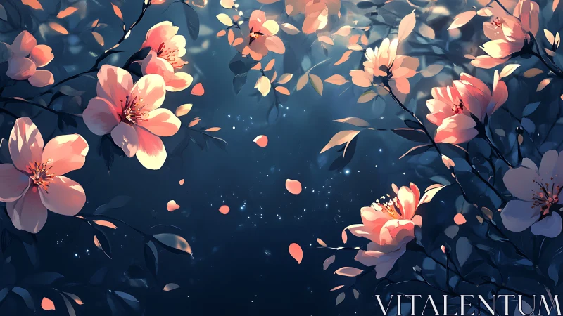 Moonlit blossom drift over a midnight garden dreamscape.