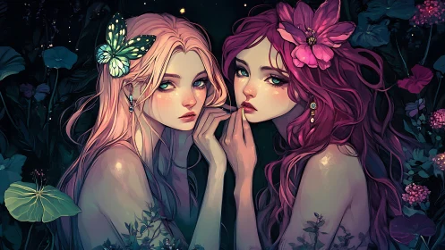 Digital painting of twin floral nymphs in nocturnal garden.