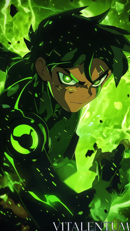 Neon green anime hero charging power amid energy storm.