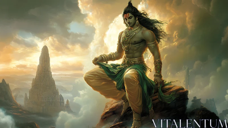 Divine warrior rests above misty spires at stormlit dawn