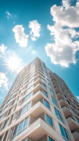 Sunlit high rise with converging verticals and cloud geometry.