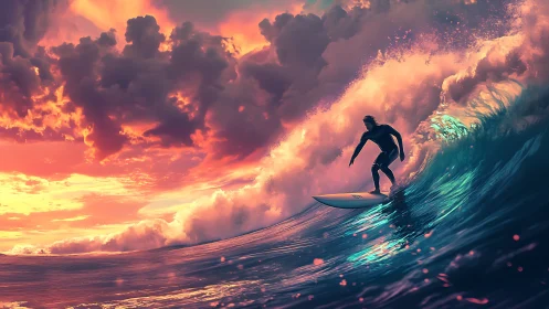 Silhouetted surfer carves iridescent wave under high-saturation sunset
