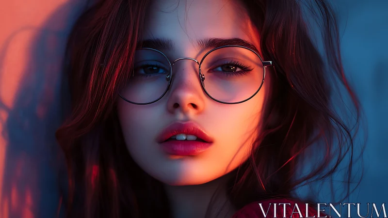 Soft neon portrait of girl in glasses with vivid lighting.