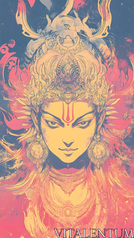 Symmetrical deity portrait in ornate line-based composition.