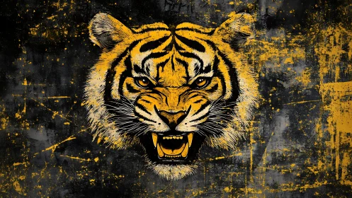 Digital painting of roaring tiger head on grunge backdrop.