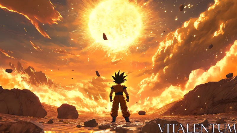 Lone warrior confronts a raging sun over a burning wasteland