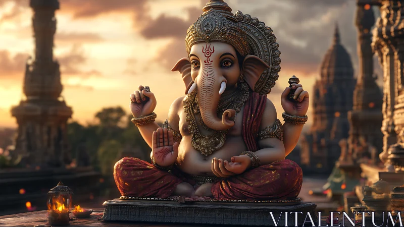 Gentle sunset blessings with a serene Ganesha statue.