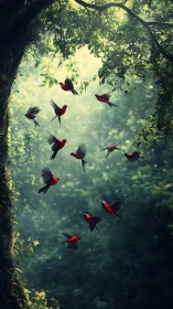 Scarlet birds in luminous forest clearing, vertical flight study.
