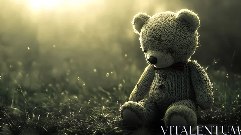 Knitted teddy bear in shallow-focus backlit meadow scene