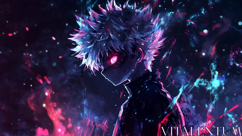 Side profile of glowing-eyed figure in neon abstract space.