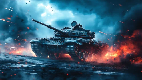 Armored tank powers through fiery battlefield under stormy sky
